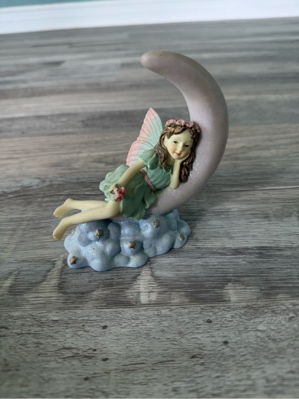 Fairy on Moon Figurine - Pastel Green and Pink